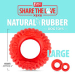 Red natural rubber dog dental chew toy, large textured ring with center opening