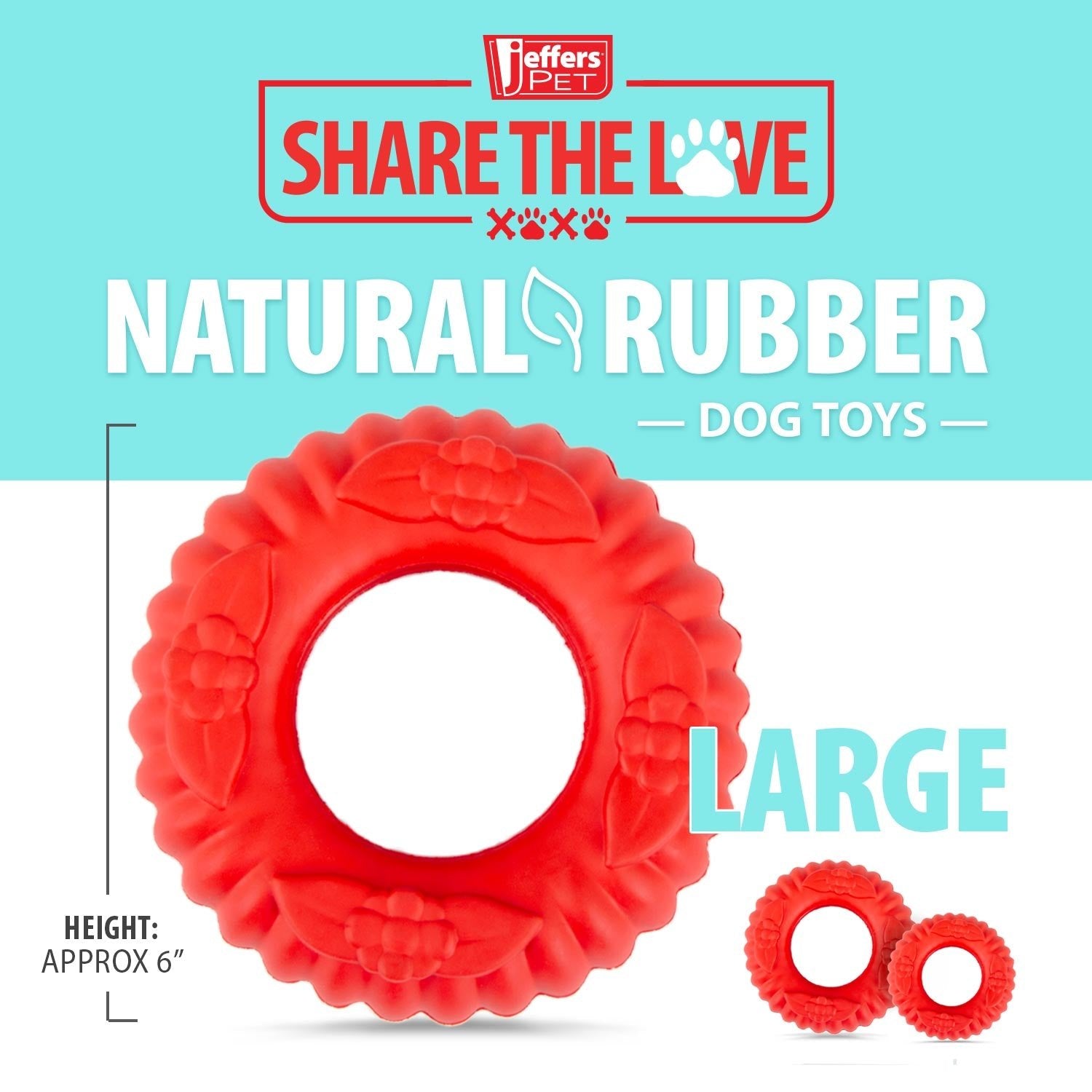 Red natural rubber dog dental chew toy, large textured ring with center opening
