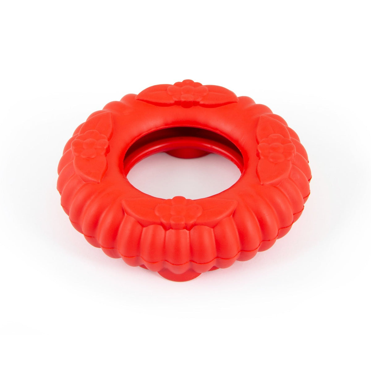 Red natural rubber dog tug chew ring toy, side view with inner hole