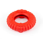 Red natural rubber dog tug chew ring toy, side view with inner hole