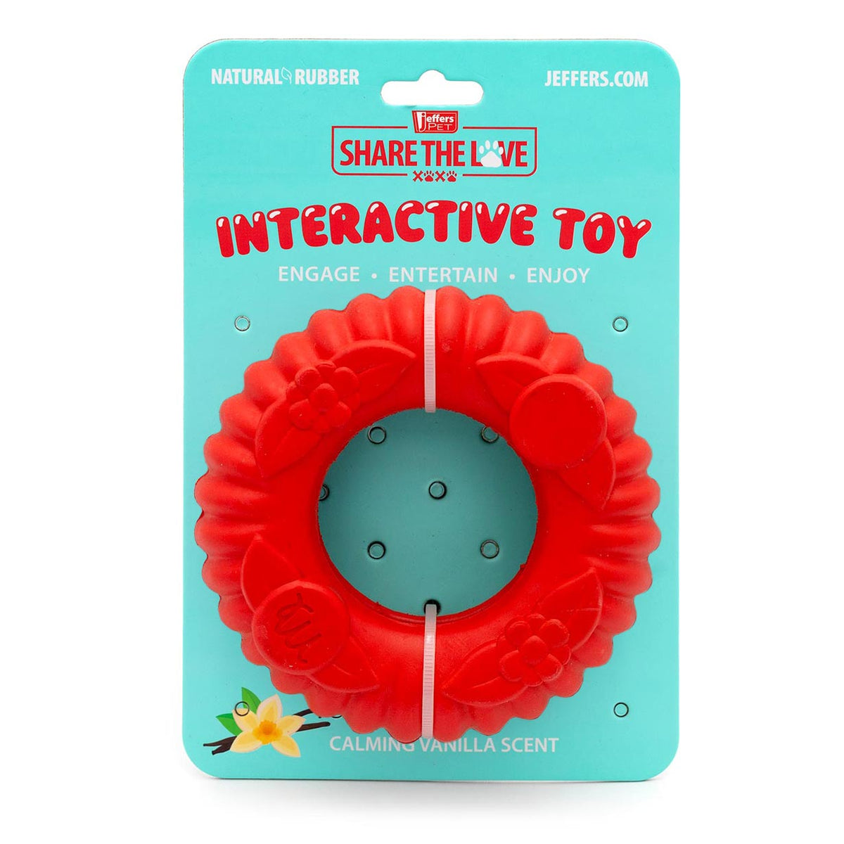 Red natural rubber interactive dog chew toy, flower-ring shape on package card