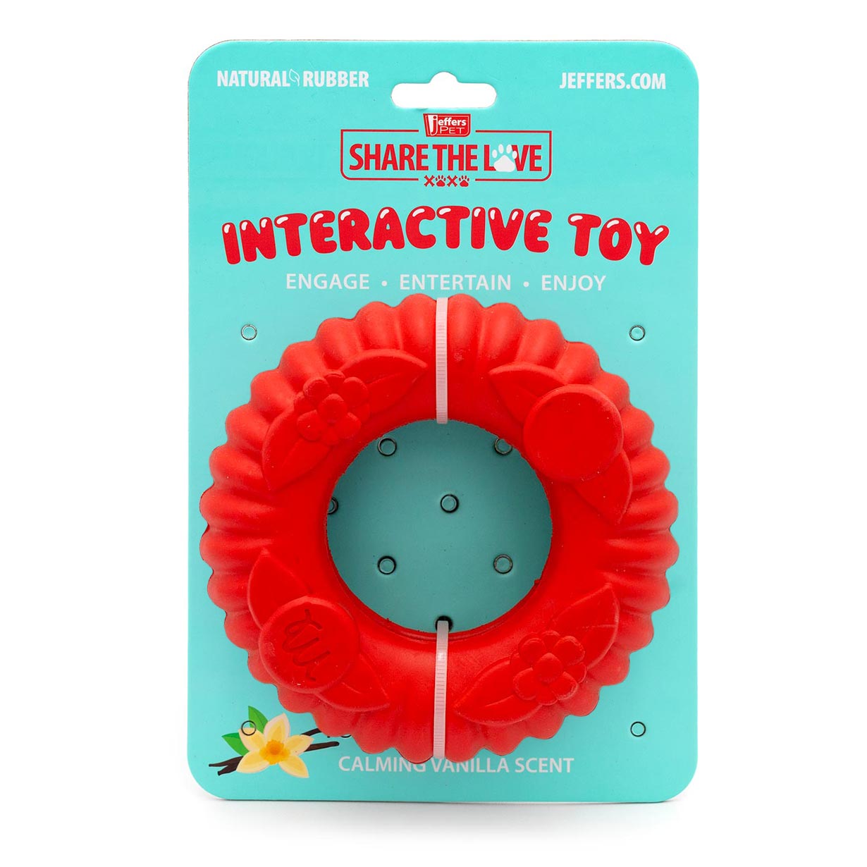 Red natural rubber interactive dog chew toy, flower-ring shape on package card