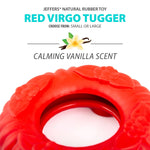 Red natural rubber dog tug chew ring toy, close-up of textured ridges