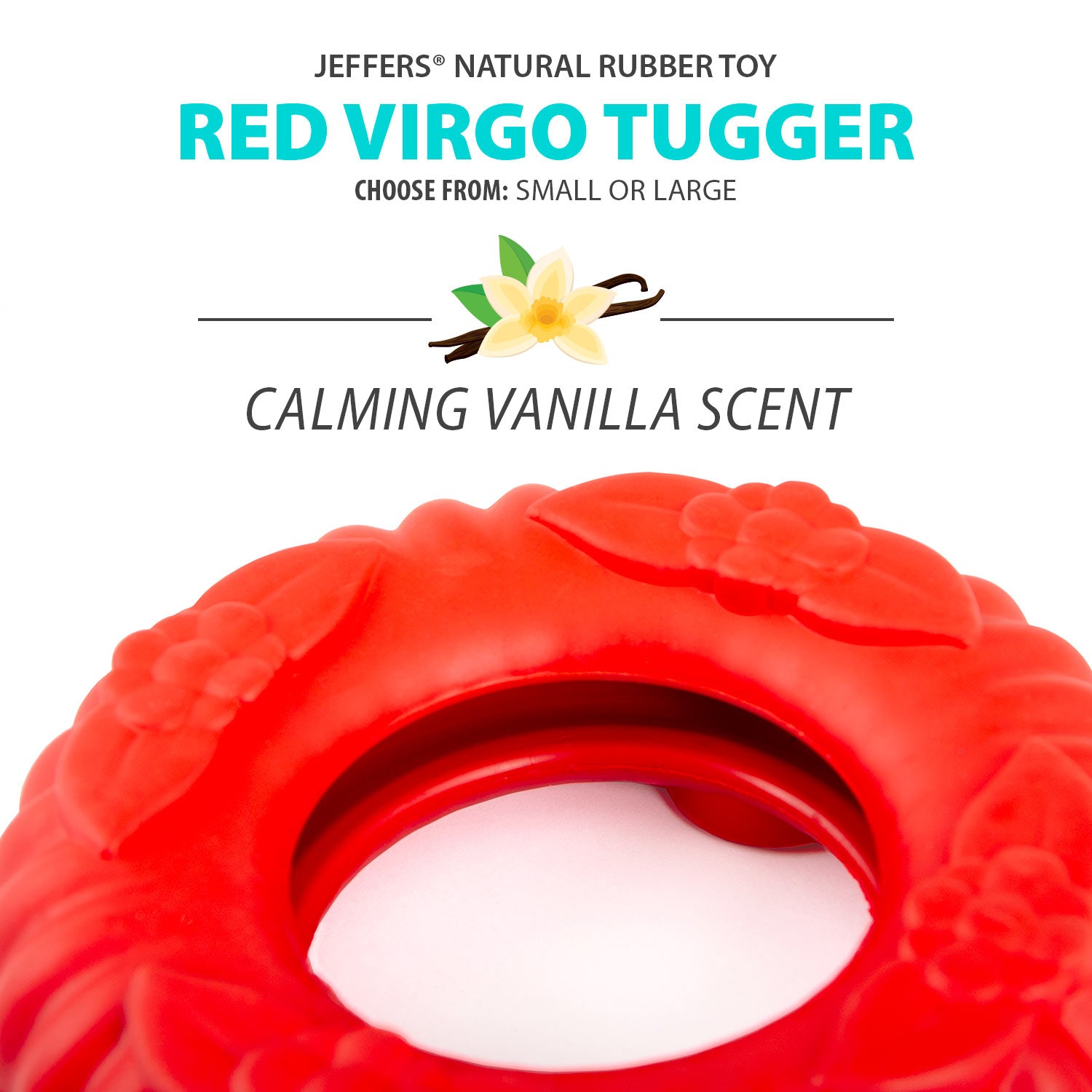 Red natural rubber dog tug chew ring toy, close-up of textured ridges