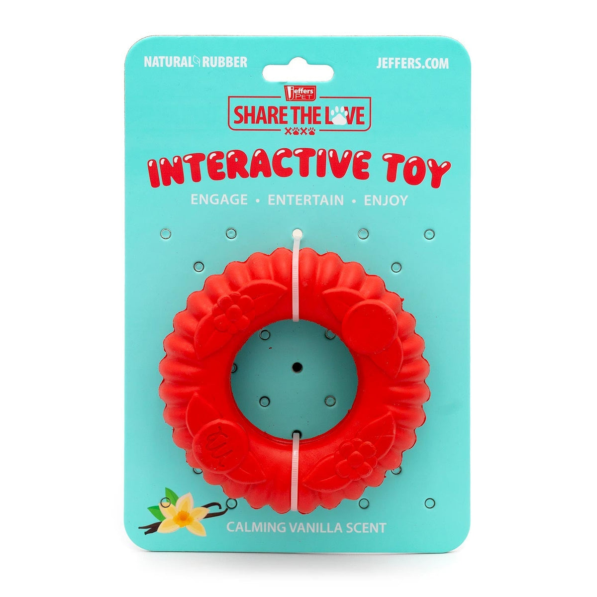 Natural rubber dog chew toy card displaying a red tug ring