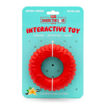 Natural rubber dog chew toy card displaying a red tug ring