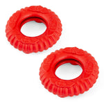 Pair of red natural rubber dog dental chew toys, textured ring with center holes