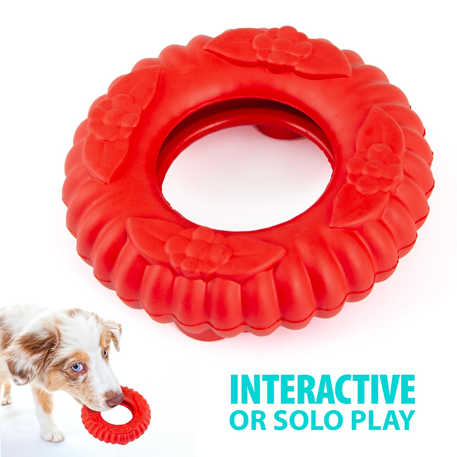 Red natural rubber dog tug chew ring toy with textured ridges