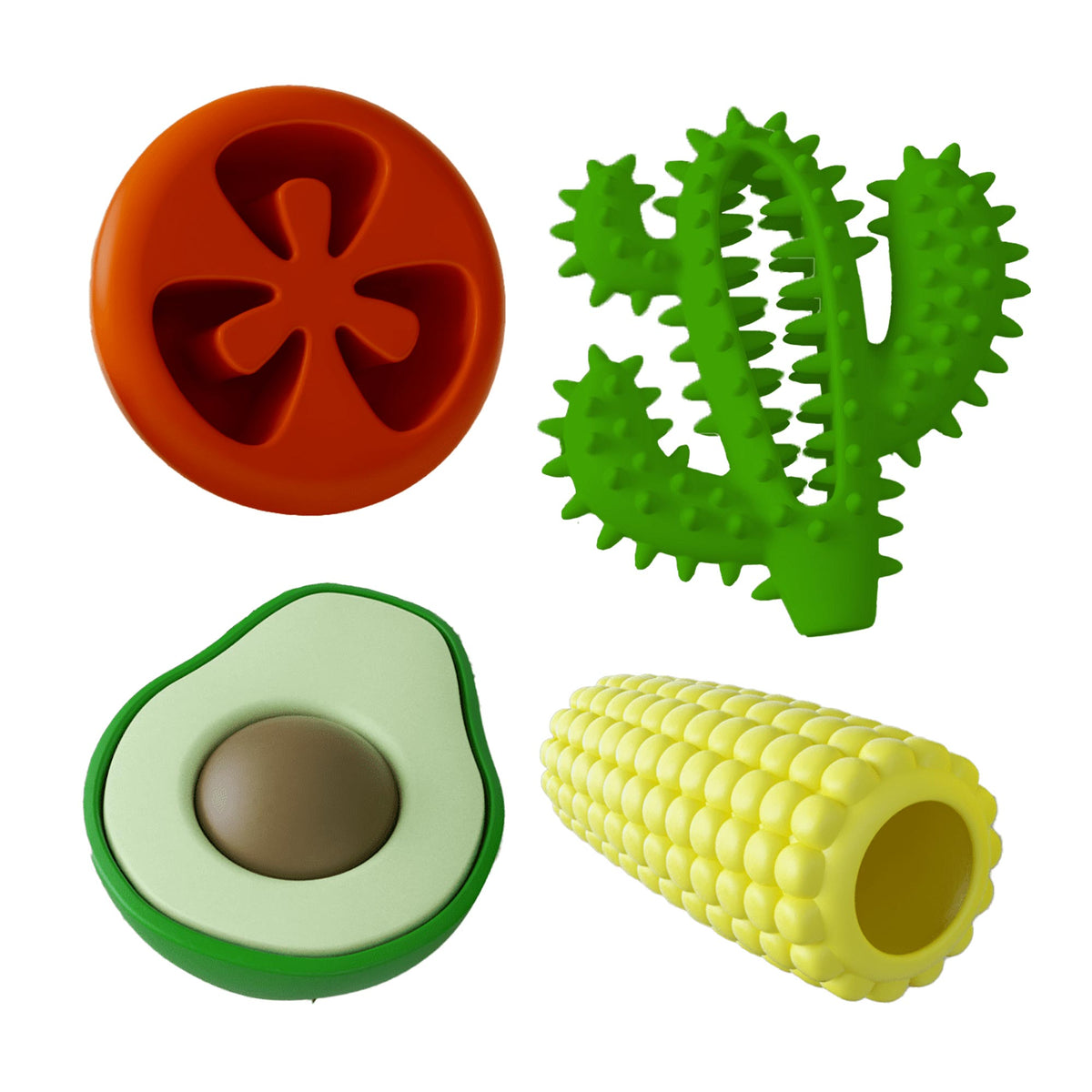 Natural rubber dog chew toy set with orange flower, green spiky, yellow roll, avocado