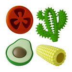 Natural rubber dog chew toy set with orange flower, green spiky, yellow roll, avocado