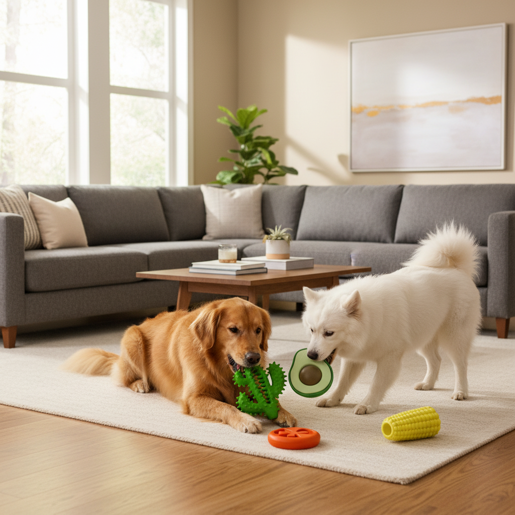 Natural rubber dog chew toy set: orange flower, green spikes, yellow cylinder, avocado toy