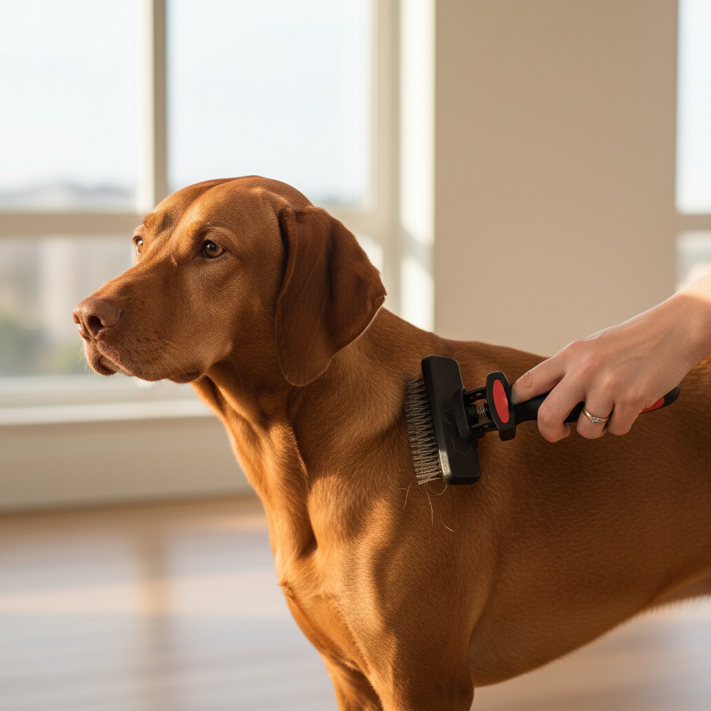 Self-cleaning slicker grooming brush with black handle and red accents, brushed on a dog