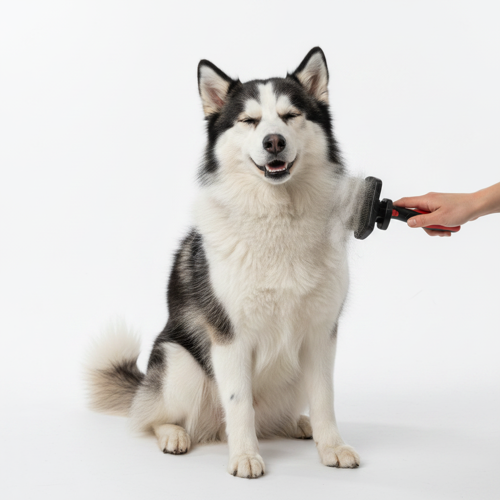 Self-cleaning slicker grooming brush with black-and-red handle, held while grooming a pet