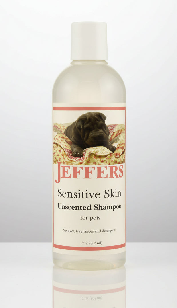 Pet shampoo bottle, Jeffers Sensitive Skin unscented fragrance-free, dye-free, 17 oz