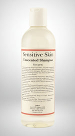 Pet shampoo bottle with back label, Jeffers Sensitive Skin unscented for pets