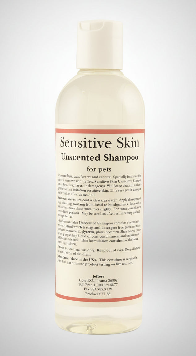 Pet shampoo bottle with back label, Jeffers Sensitive Skin unscented for pets
