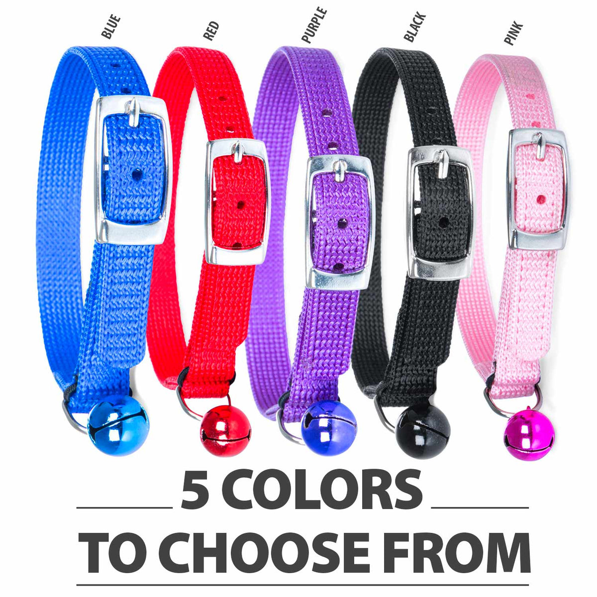 Set of adjustable nylon cat collars in blue, red, purple, black, and pink with bells