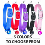 Set of adjustable nylon cat collars in blue, red, purple, black, and pink with bells