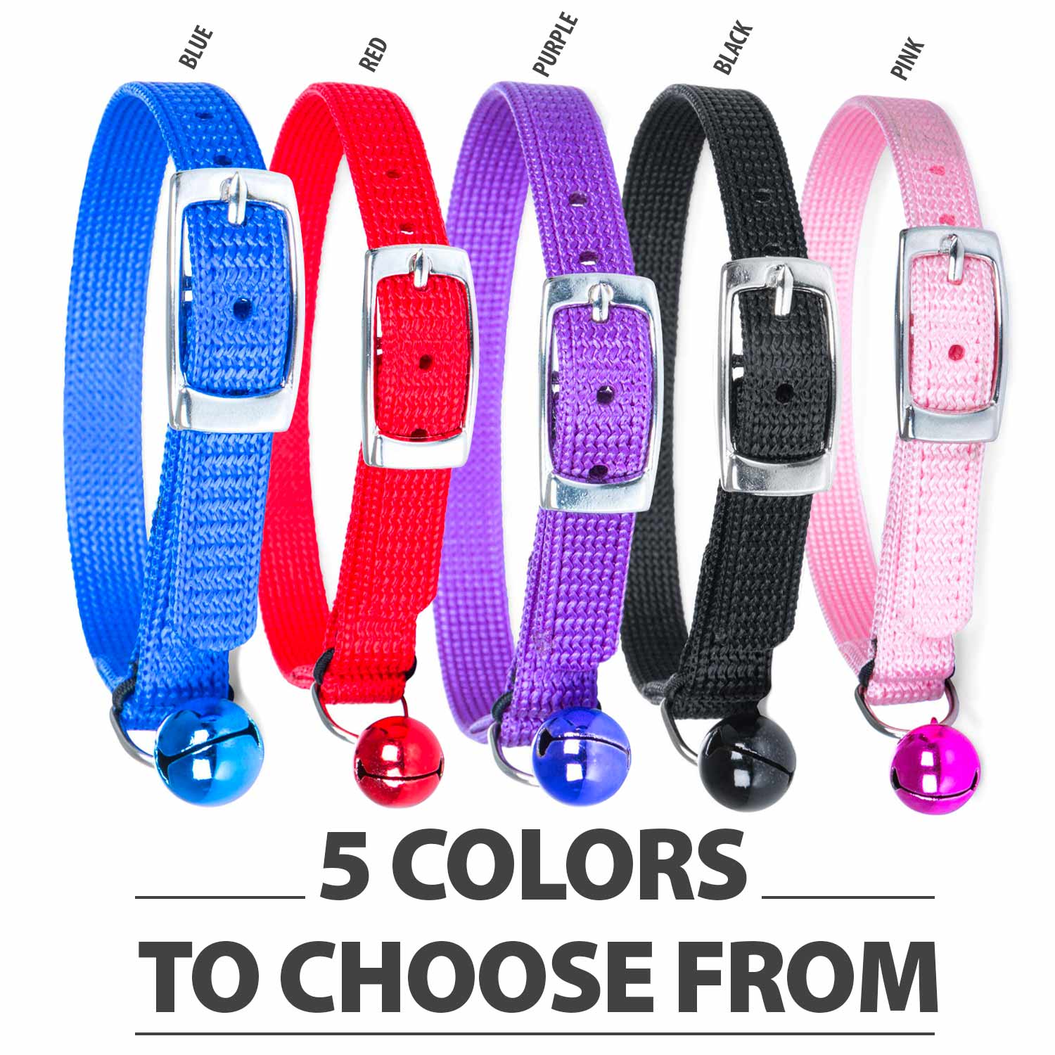 Set of adjustable nylon cat collars in blue, red, purple, black, and pink with bells