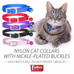 Adjustable nylon cat collars with nickel-plated buckles and bells in multiple colors