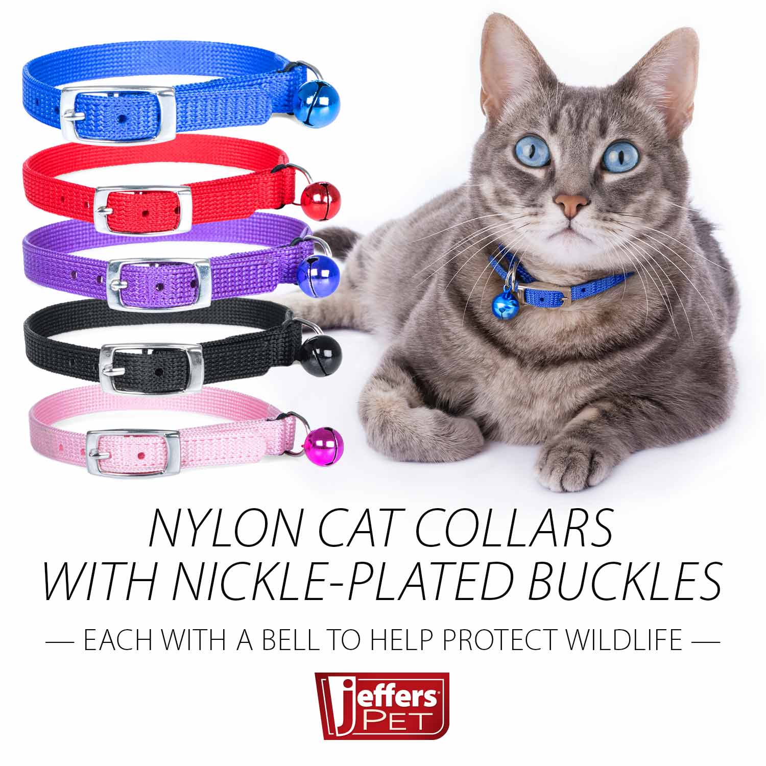 Adjustable nylon cat collars with nickel-plated buckles and bells in multiple colors