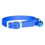 Blue adjustable nylon cat collar with silver buckle and blue bell