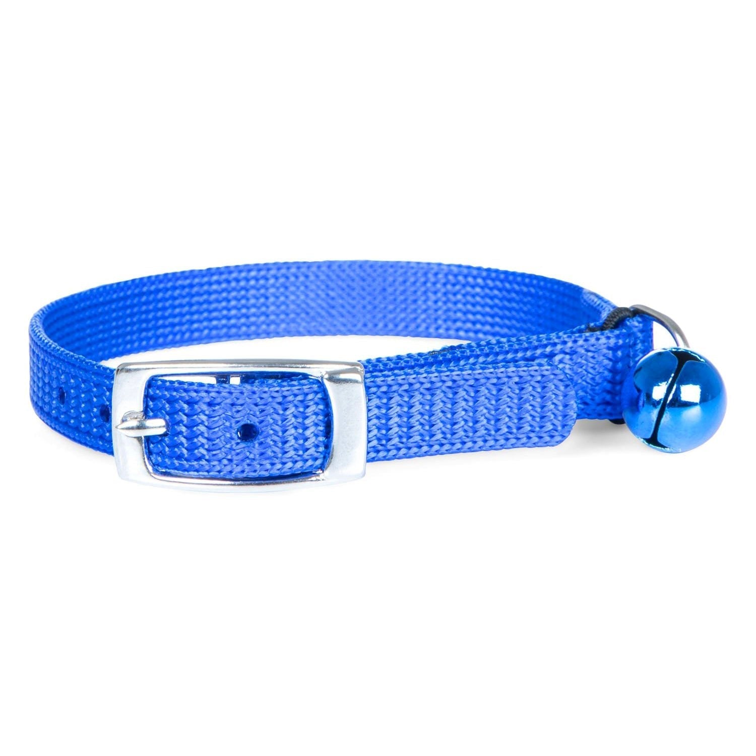 Blue adjustable nylon cat collar with silver buckle and blue bell