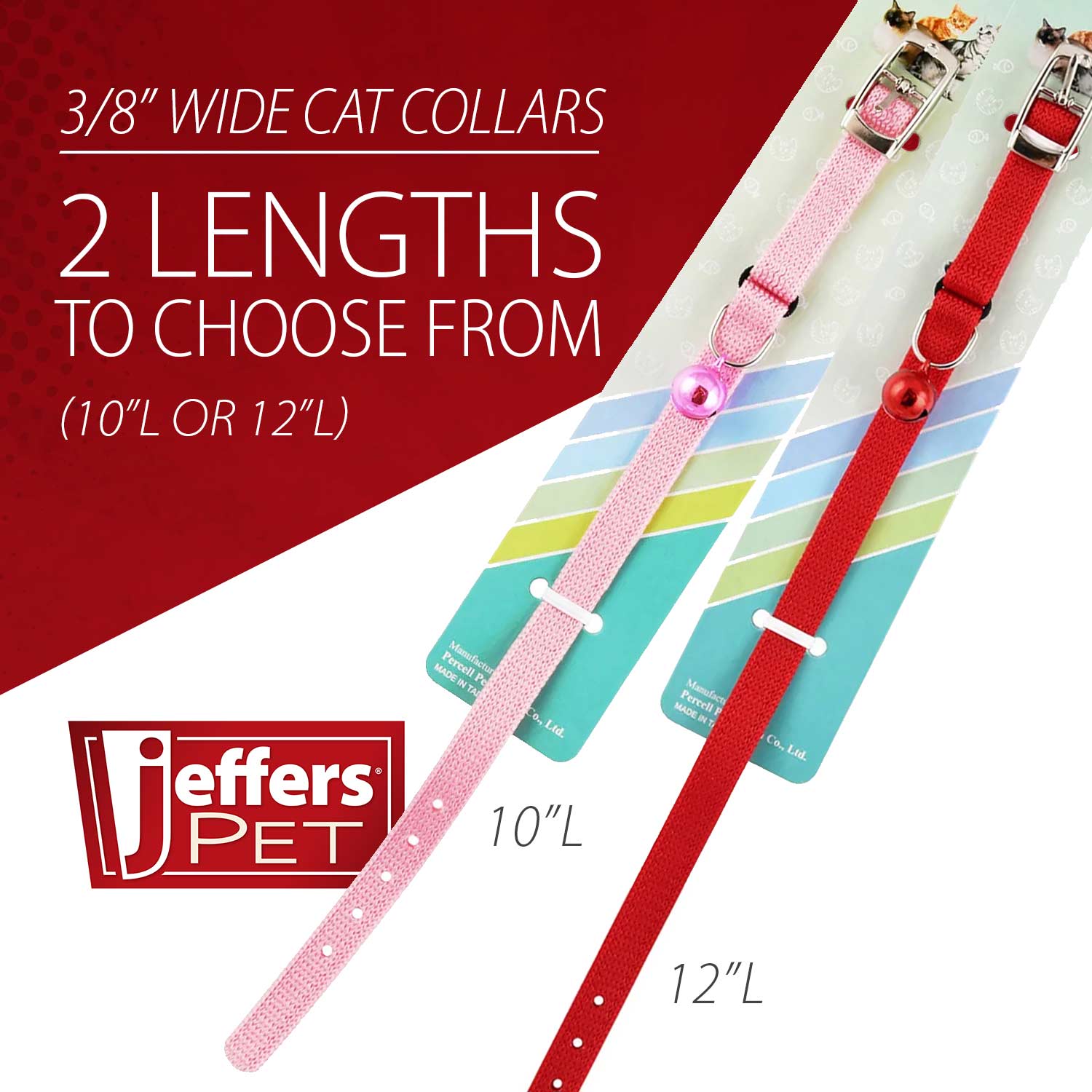 Adjustable nylon cat collar with buckle, 2 lengths, and bell (pink and red shown)