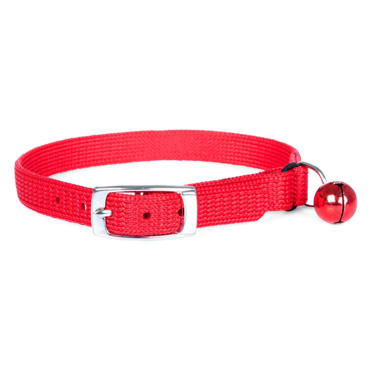 Red adjustable nylon cat collar with silver buckle and red bell