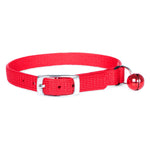 Red adjustable nylon cat collar with silver buckle and red bell