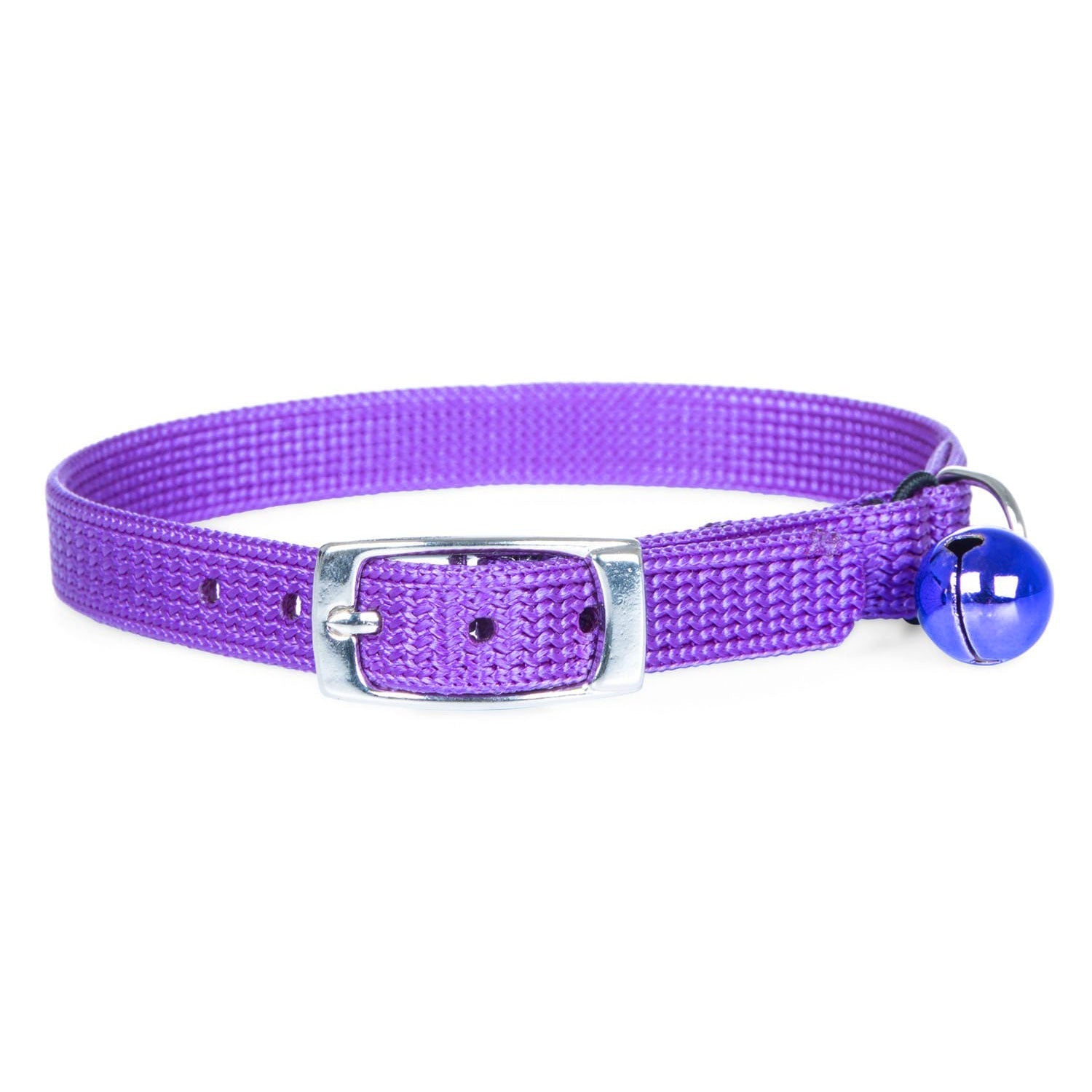Purple adjustable nylon cat collar with silver buckle and blue bell