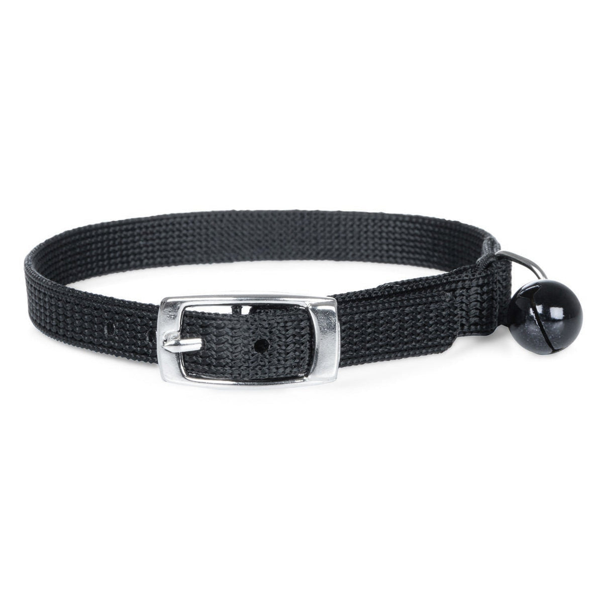 Black adjustable nylon cat collar with silver buckle and black bell