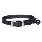 Black adjustable nylon cat collar with silver buckle and black bell