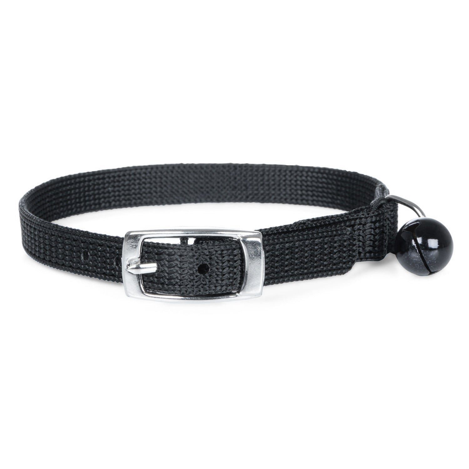 Black adjustable nylon cat collar with silver buckle and black bell