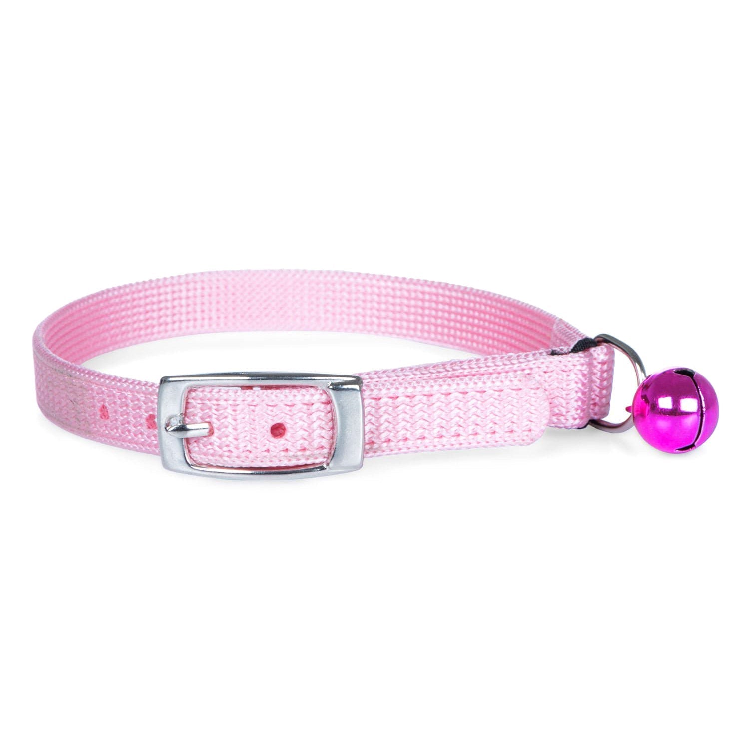 Pink nylon cat collar with adjustable metal buckle and purple bell charm
