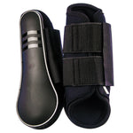 Black neoprene protective splint boots with hook-and-loop straps, pair shown, open interior