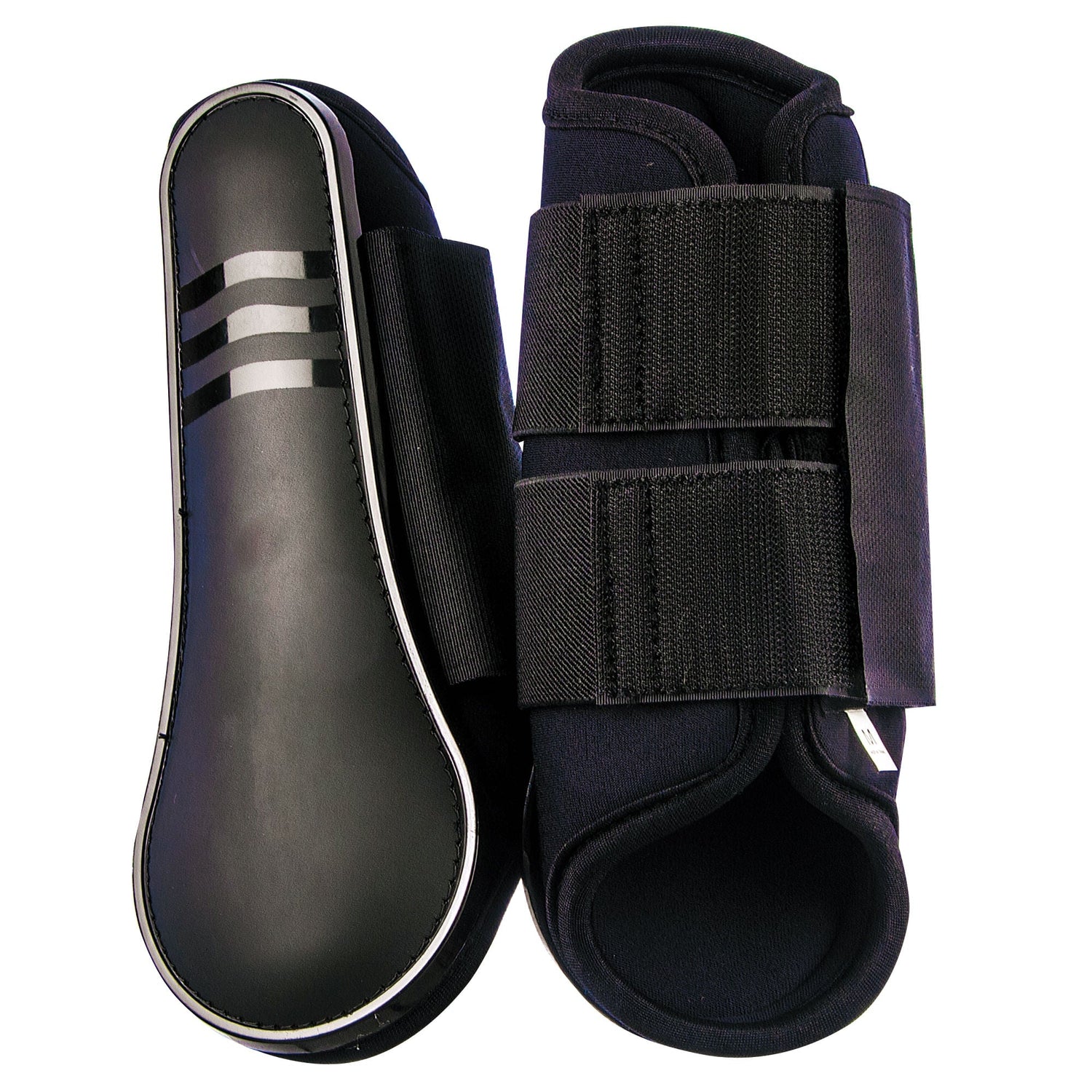 Black neoprene protective splint boots with hook-and-loop straps, pair shown, open interior