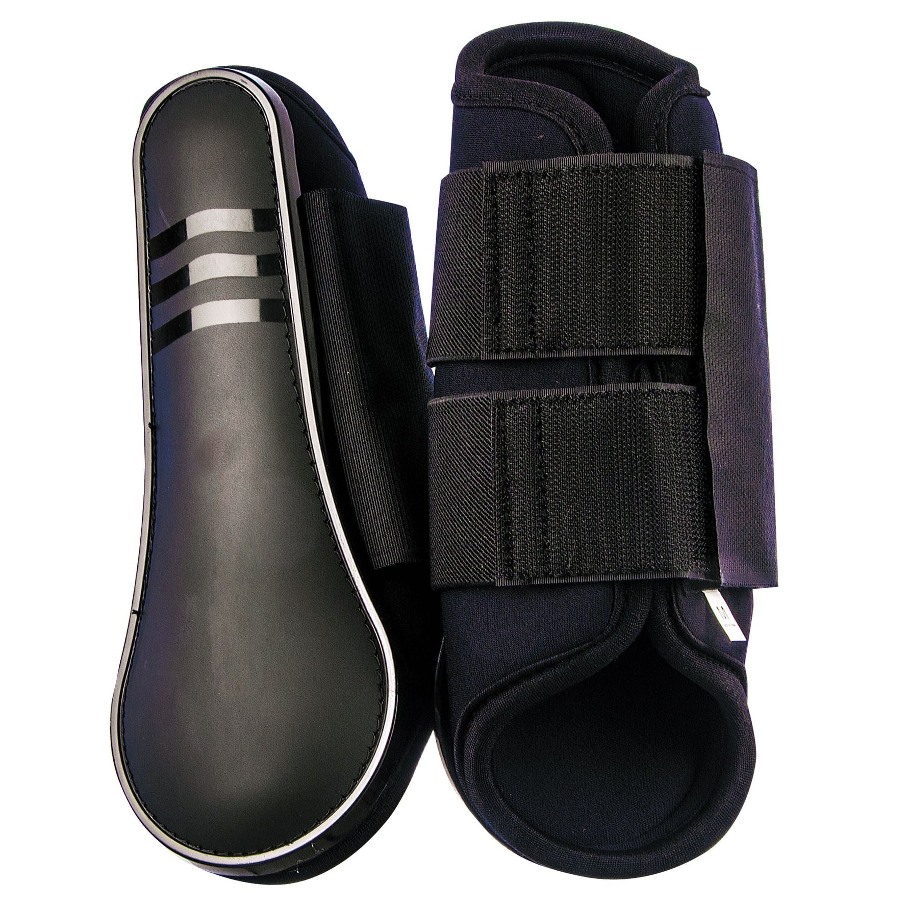 Black neoprene protective splint boots with hook-and-loop straps, pair shown, open interior