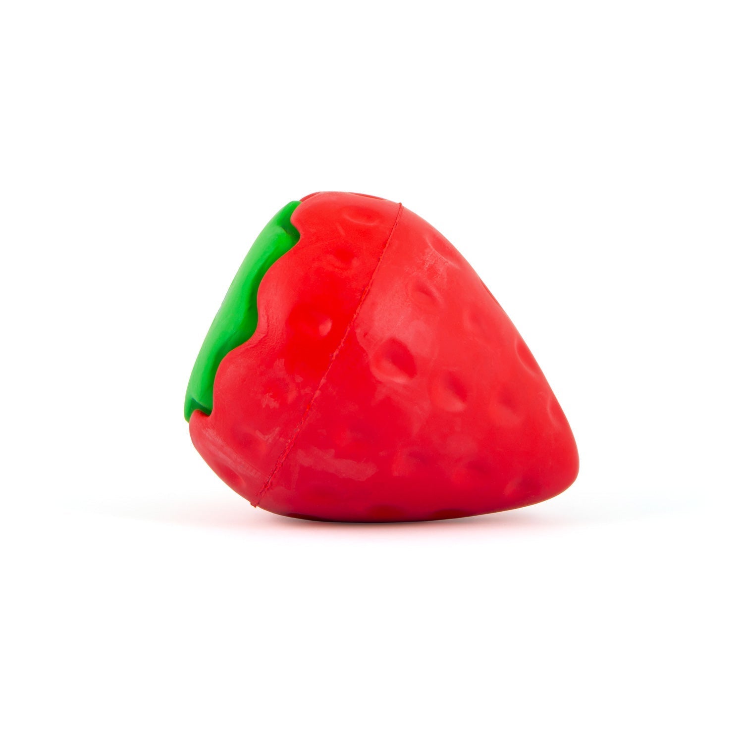 Strawberry-shaped natural rubber dog chew toy with red body and green trim