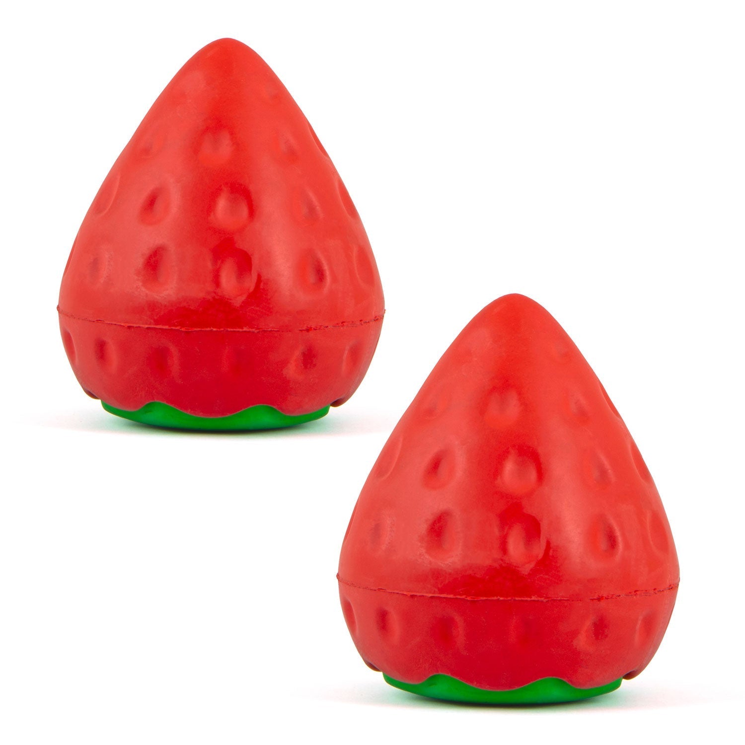 Red strawberry-shaped rubber dog dental chew toy with green base