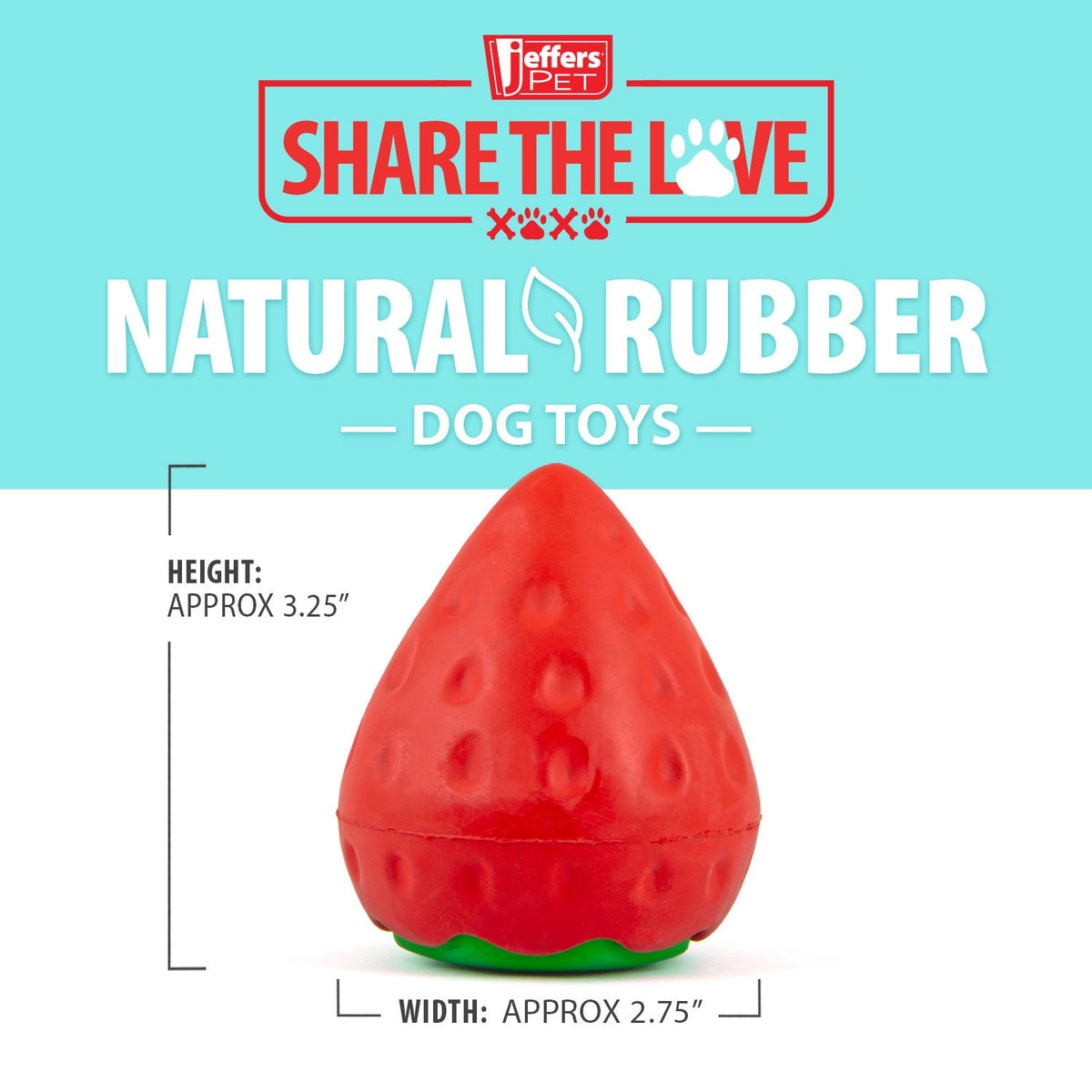 Red strawberry-shaped natural rubber dog chew toy with rounded top and green base