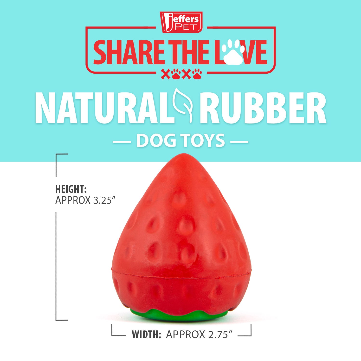 Red strawberry-shaped natural rubber dog chew toy with rounded top and green base
