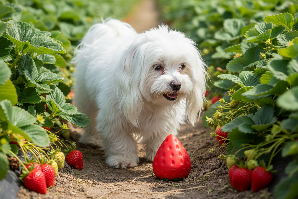 Red strawberry-shaped natural rubber dog chew toy with squeaker, textured surface