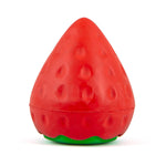 Red strawberry-shaped natural rubber dog chew toy with small green bottom edge