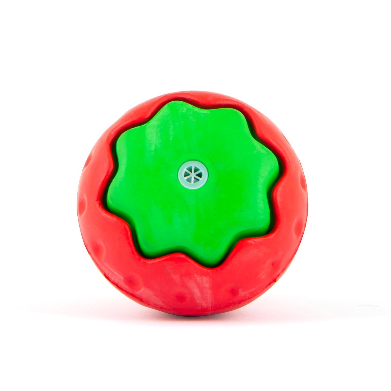 Strawberry-shaped natural rubber dog chew toy with green center panel on red body
