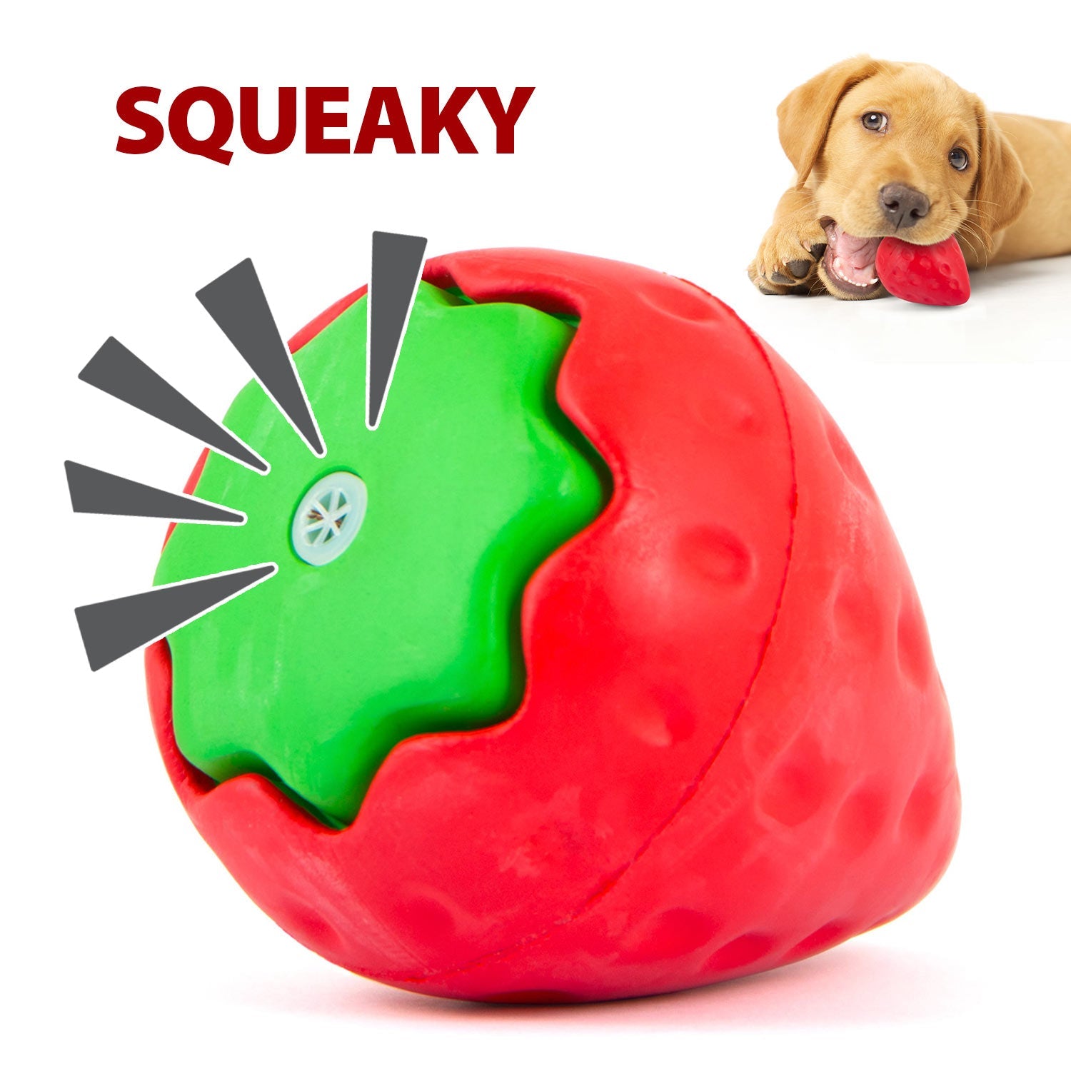 Strawberry-shaped natural rubber dog chew toy in red and green with squeaker