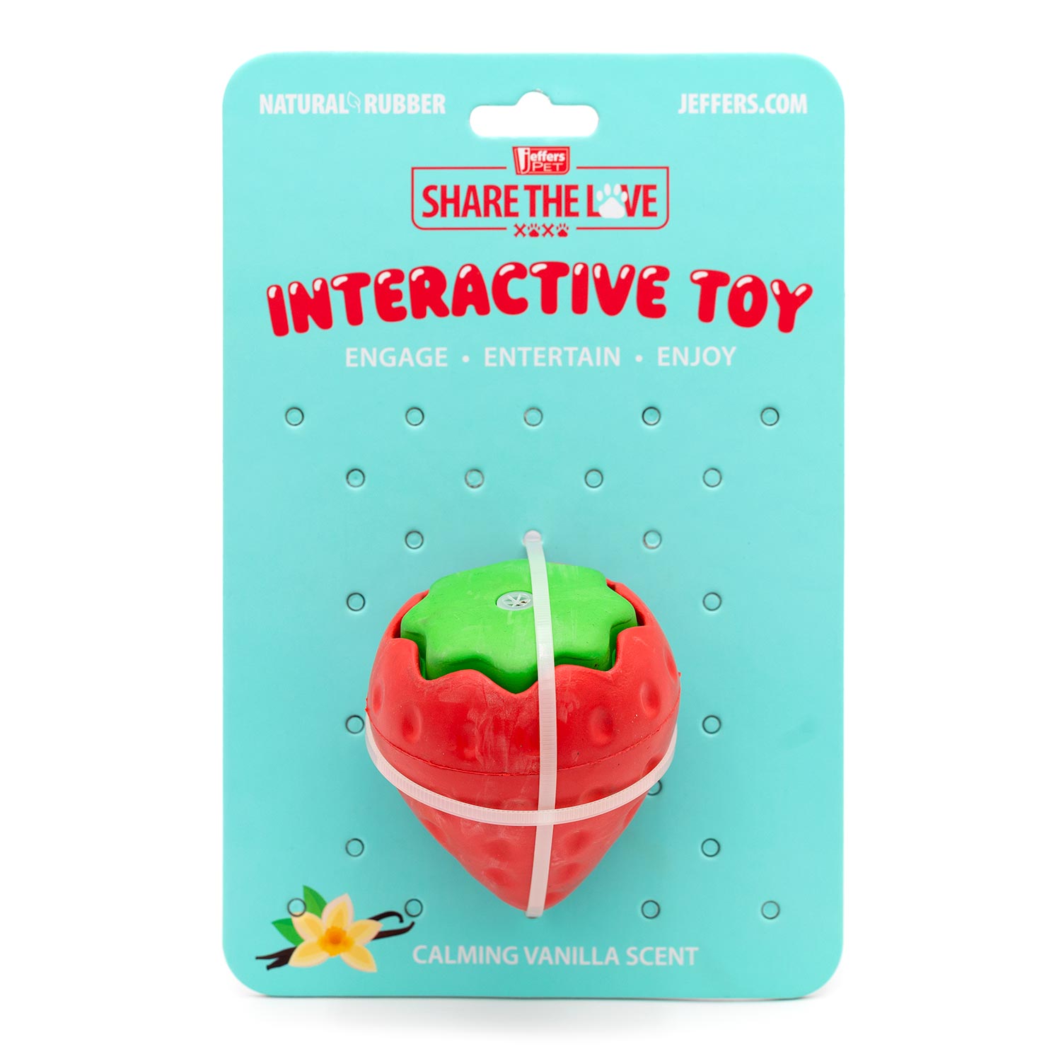 Packaged interactive natural rubber dog toy card with red strawberry and green insert