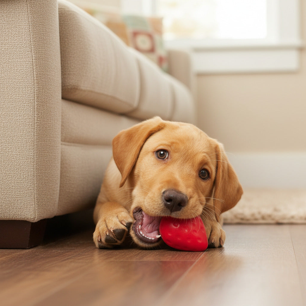 Young dog chewing a red and green strawberry-shaped squeaky rubber chew toy on the floor