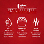 Jeffers Pet stainless steel bowl benefits graphic with rust and odor icons