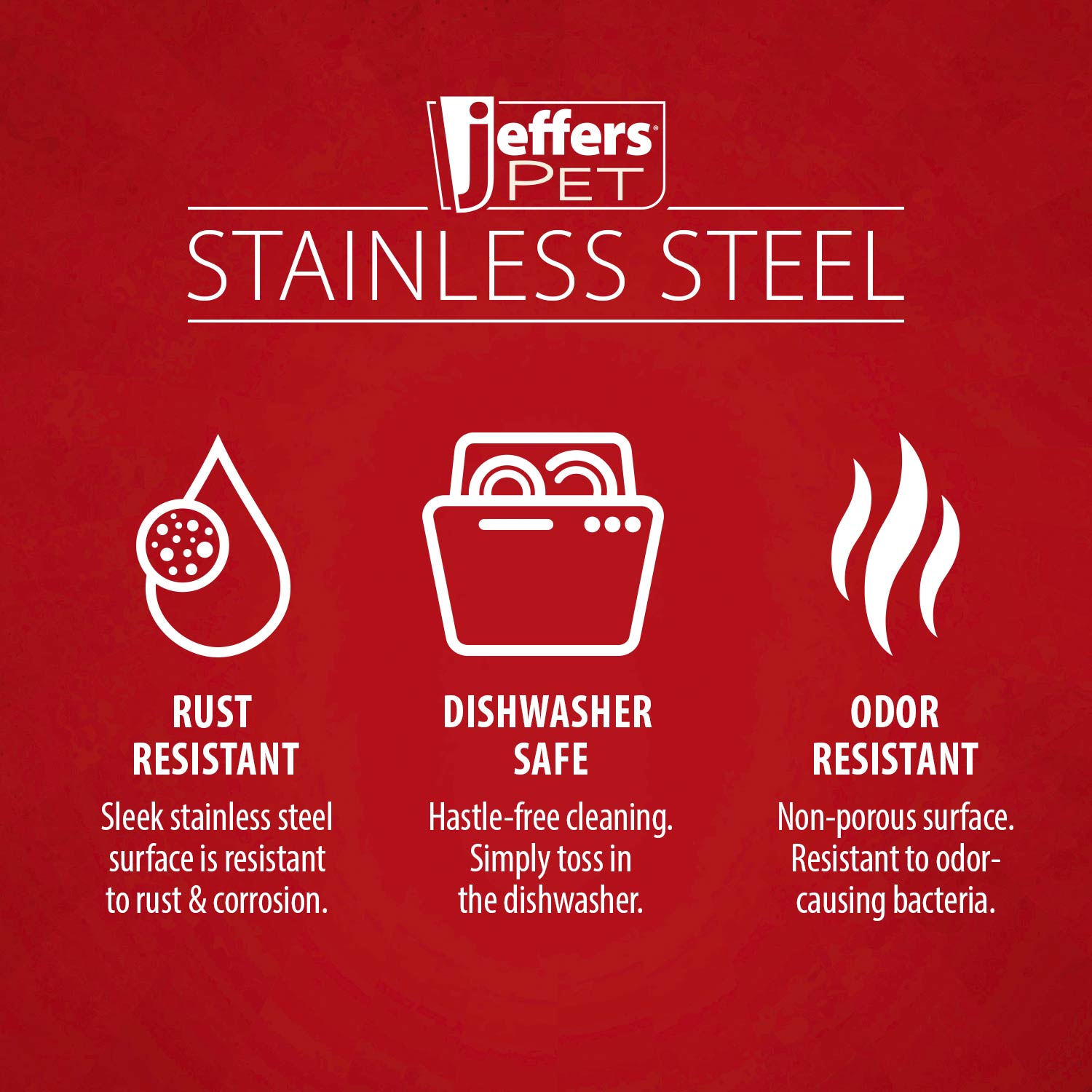 Jeffers Pet stainless steel bowl benefits graphic with rust and odor icons